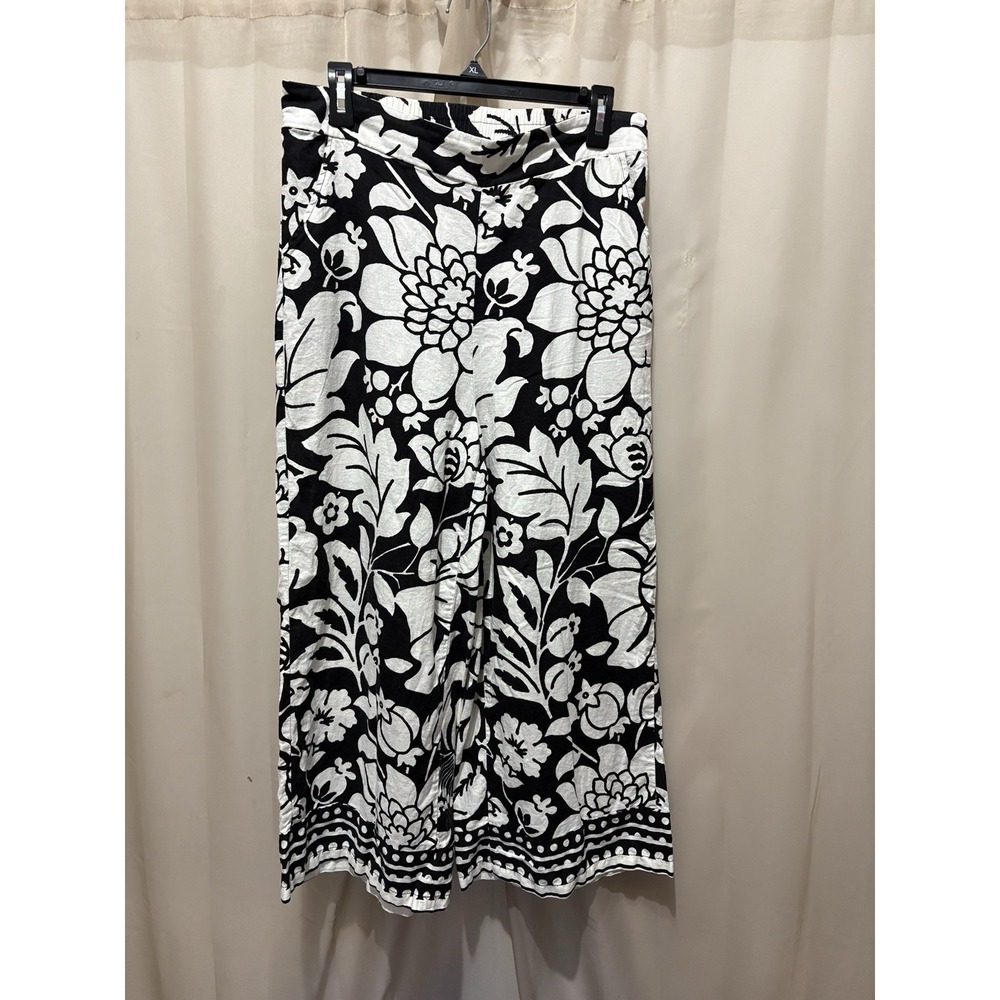Christian Siriano Ivory Black Floral Pants Women's Linen Rayon Elastic Waist L